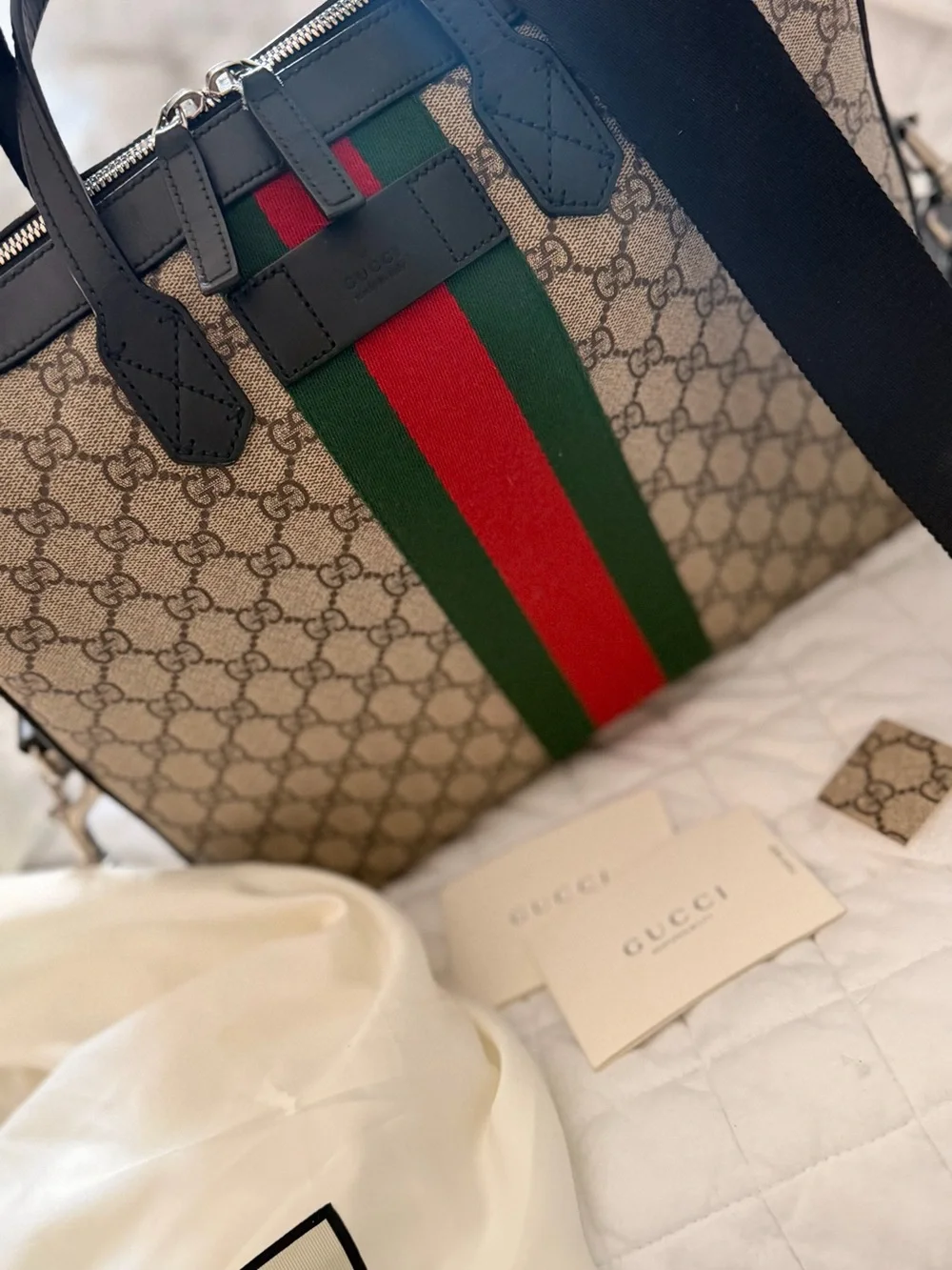 Gucci Beige GG Supreme Canvas Laptop Briefcase with Green & Red Web